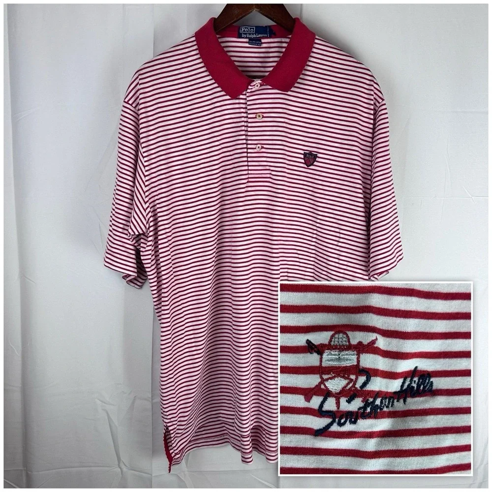 Polo‎ Ralph Lauren Mens XL Striped Polo Red White Southern Hills Golf Club Crest